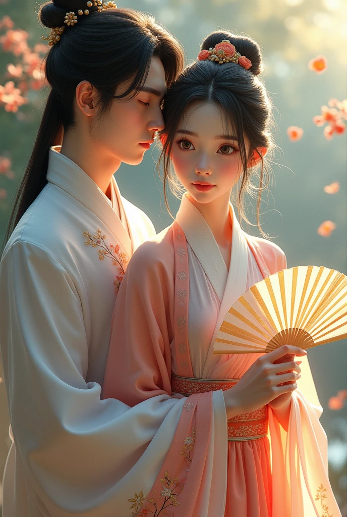 Genshin girl wearing hanfu standing with black and peach hair color and mistyrose eyes color holding fan with smile with natural make up and dating with xiao