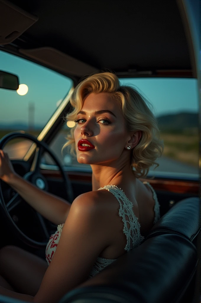 Marilyn Monroe driving an old Aston Martin barefoot with a view from the back seat. cinematographic night lighting.