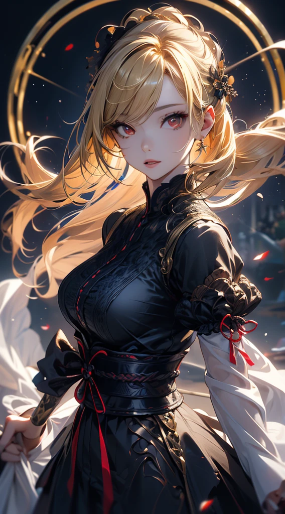 masterpiece, high quality, 4K, Beautiful design, silhouette,blonde, 非常に詳細な夜のStarry Sky,Flower Field, wonderful, Finer details, Very knowledgeable woman, Highly detailed solo, 1 female,Red eyes,Big Breasts,Gothic Lolita Fashion,Night view,Starry Sky,full moon,