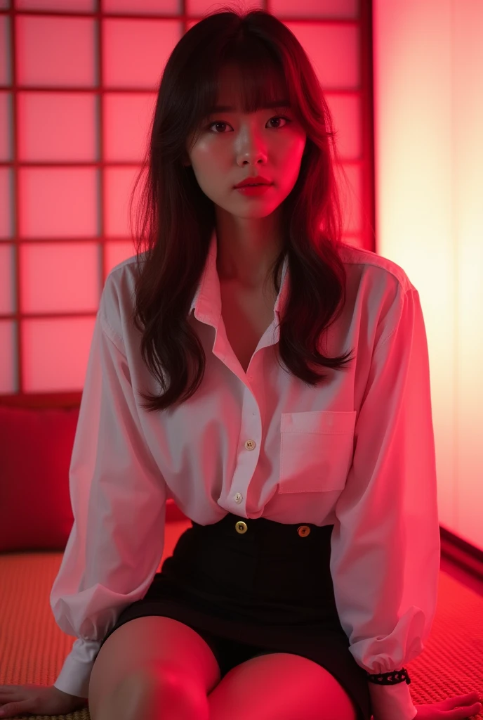 ((Chinese actress))　Mature Woman　((Plump, bright red lips with lipstick))　Big Breasts　Chubby　A healthy figure　((Brown hair with bangs))　((Looking into the camera))　Sit with your legs apart　((White button shirt and black enamel tight skirt))　　Low-angle shot of a person standing facing forward　look down　((A bedroom with shoji and tatami mats lit up in pink neon lights))　