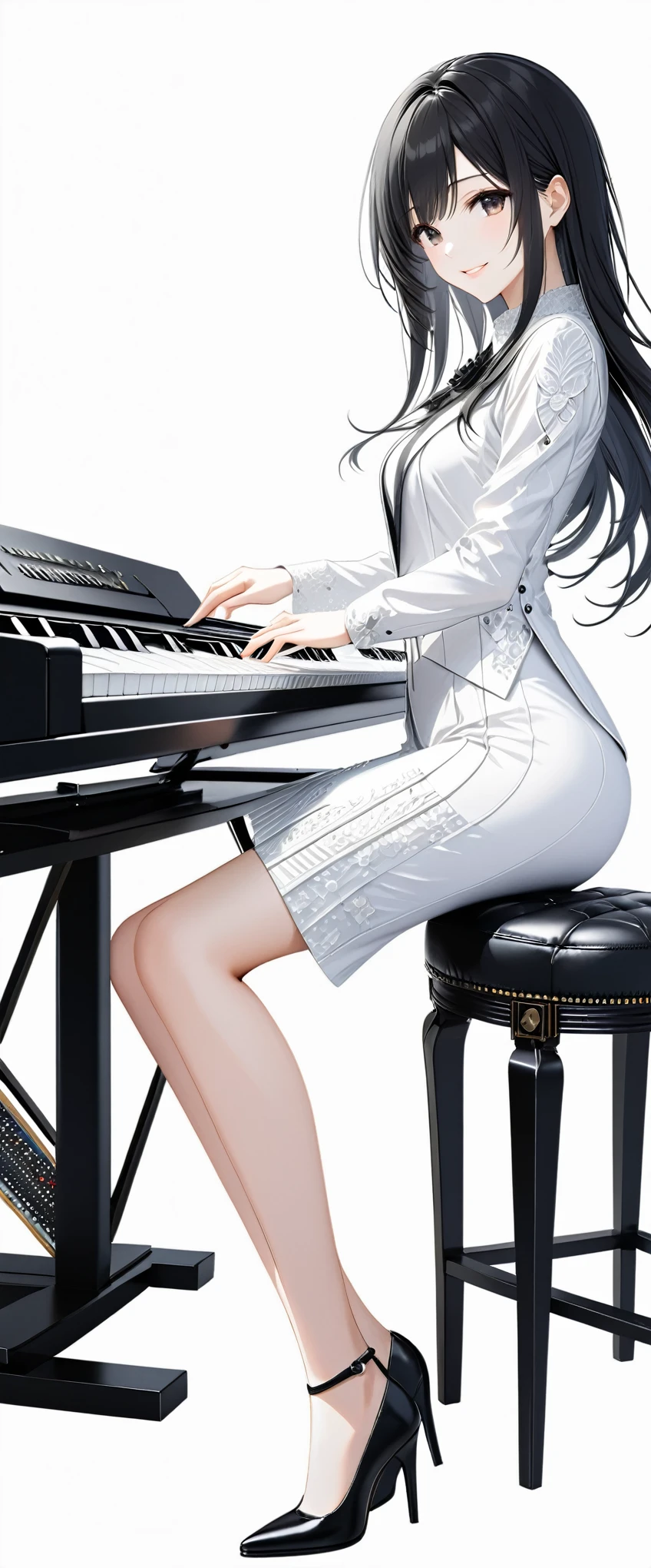 (((White background:1.5)))、(The entire subject is captured),(((Composition from afar:1.5))),(((full body:1.2))),(very wide shot)、(masterpiece、Ultra HD、Highest quality、Masterpiece、４K:1.2)、Slender body、Woman playing keyboard、  Intricate details, Highly detailed fingers、Long straight black hair、White outfit, Intricate details、smile、frontal face
