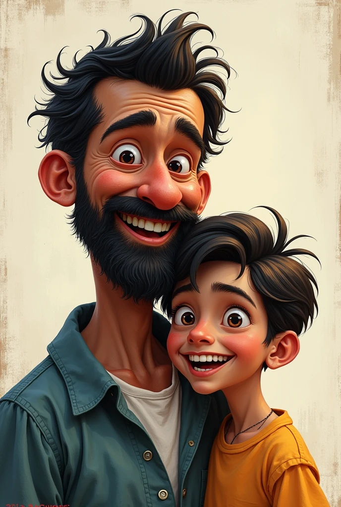 Create high resolution image of 60 year old man father and son both black but straight hair and happy in surrealist abstract drawing style in the form of artistic canvas and pixar