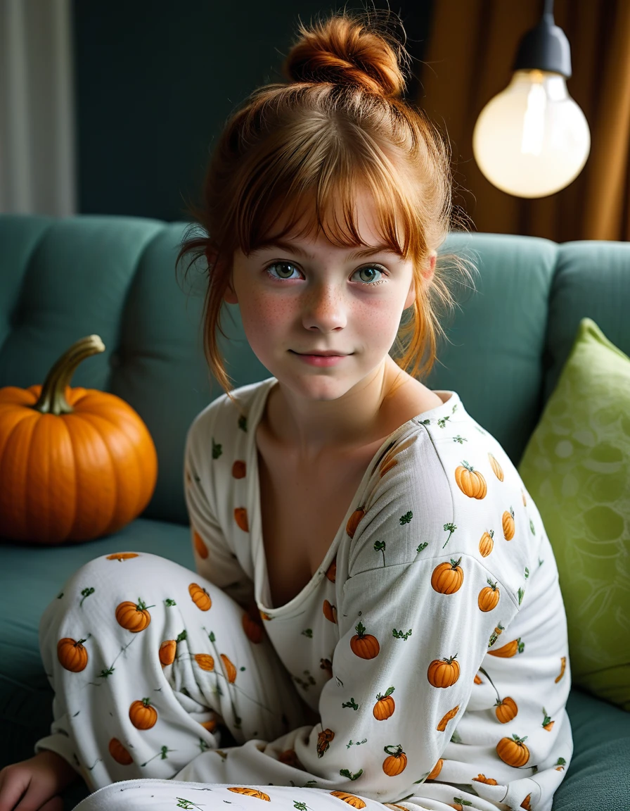  Hasselblad Award Winner, sharp, 16 yrs old cute and natural british girl posing on a sofa, light smirk, Pumpkin-Spiced Red bun hair, porcelain white skin texture, perfect luscious body, big expressive lime eyes, cute pyjamas, rim light