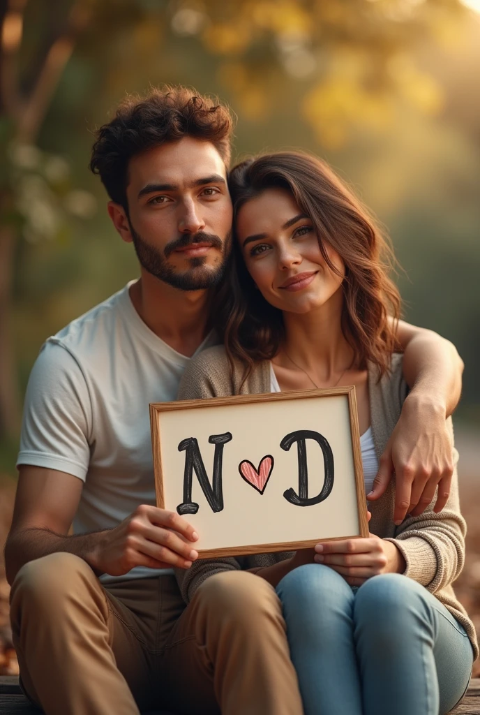 (photorealism:1.2), man with small beard and slight brown colour woman,sitting together,holding N ♥ D sign