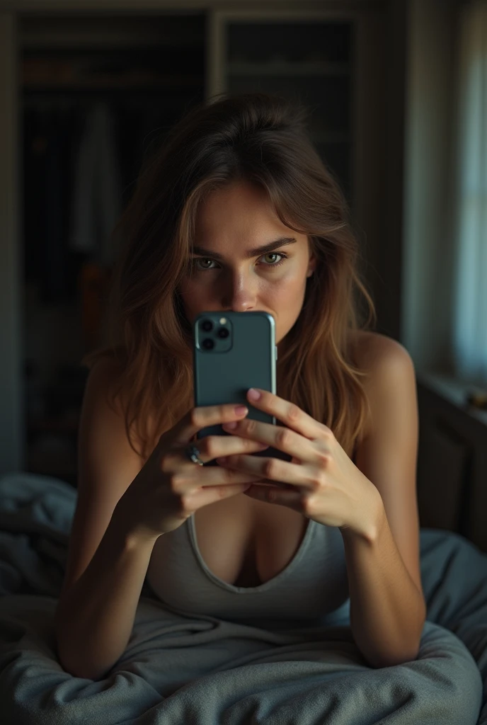 Photo du téléphone: Une femme se tient devant un miroir, Capturer un selfie. La qualité de l'image est granuleuse, avec un léger flou adoucissant les détails. L'éclairage est faible, projeter des ombres qui obscurcissent ses traits. La pièce est encombrée, avec des vêtements éparpillés sur le lit et une couverture défaite. Son expression est décontractée, Plein de concentration, tandis que le vieil iPhone a du mal à se concentrer, donner à la photo un aspect authentique, sensation non polie. Le miroir montre des taches et des empreintes digitales, ajouter au brut, ambiance quotidienne de la scène.