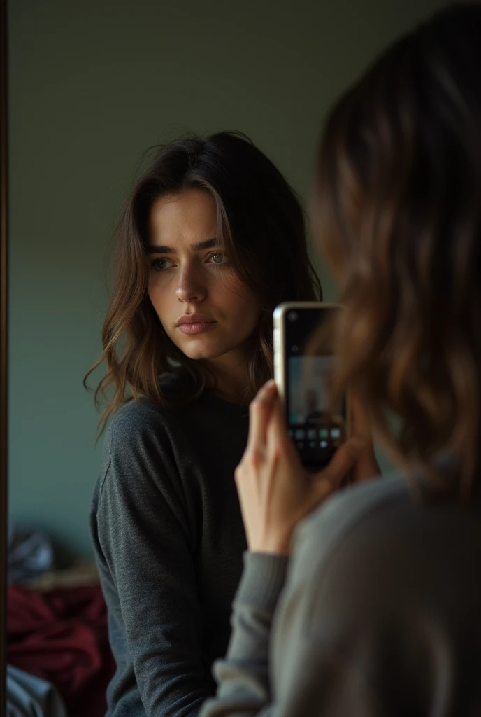 Photo du téléphone: Une femme se tient devant un miroir, Capturer un selfie. La qualité de l'image est granuleuse, avec un léger flou adoucissant les détails. L'éclairage est faible, projeter des ombres qui obscurcissent ses traits. La pièce est encombrée, avec des vêtements éparpillés sur le lit et une couverture défaite. Son expression est décontractée, Plein de concentration, tandis que le vieil iPhone a du mal à se concentrer, donner à la photo un aspect authentique, sensation non polie. Le miroir montre des taches et des empreintes digitales, ajouter au brut, ambiance quotidienne de la scène.