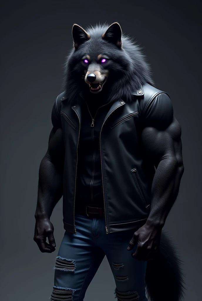 posando, mascle, 30 years old, snarl, visor, bright purple eyes , anthropo, wolf's ears, (black fur:1.5), cyber wolf, Dark room background, 8k, hope but, (best qualityer, work of art), (wolf tail:1.5), skin detailed, standing alone, looking at the camera, natta, black leather jacket, blue ripped jeans, large musculature.