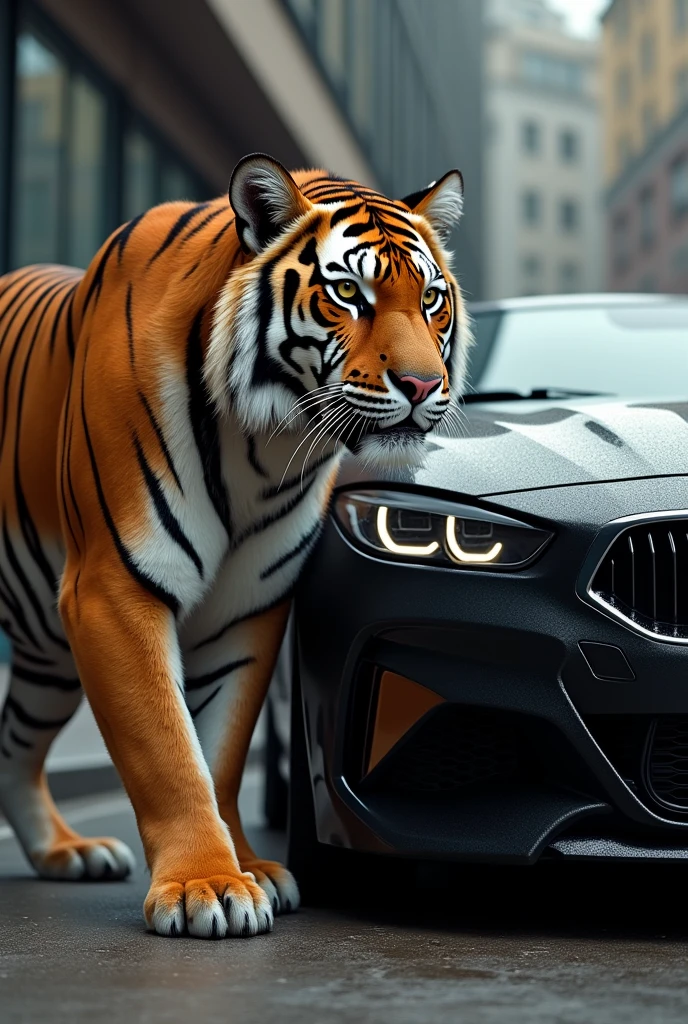 Tiger standing next to black bmw car