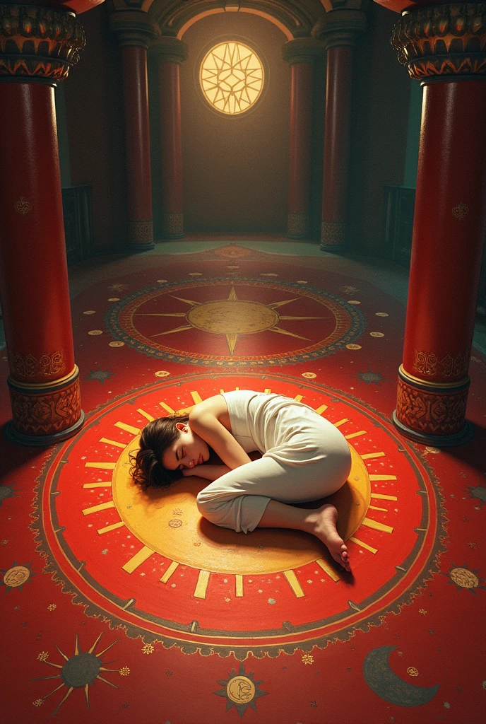  sleeping on red colored floor painted with sun, moon, and stars