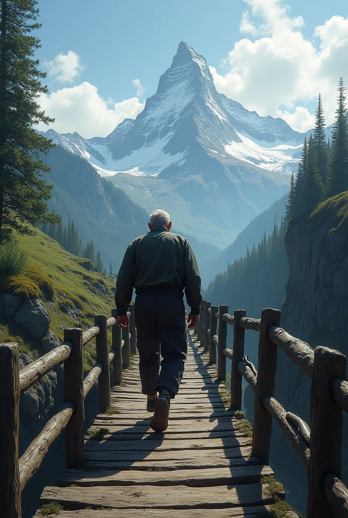 elderly man from behind climbing wooden bridge leading to high mountain