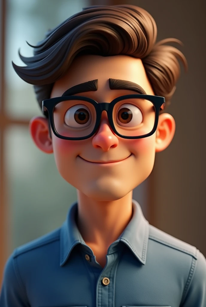 Cartoon character of a man with black glasses and a blue shirt, animation character, Caractere estilizado, animation style rendering, 3D estilizado, Arnold Maya render, 3 d render stylized, toon render keyshot, Personagem 3D, Personagem 3D, 3d rendering stylized, 3 d character render, personagem de desenho animado, Personagem de close up, Pose de personagem, (Estilo Pixar) (master part:1.2) (Bokeh) (best quality) (pele detalhada) (textura detalhada) (8k) (argila) (Cinematic lighting) (foco nítido