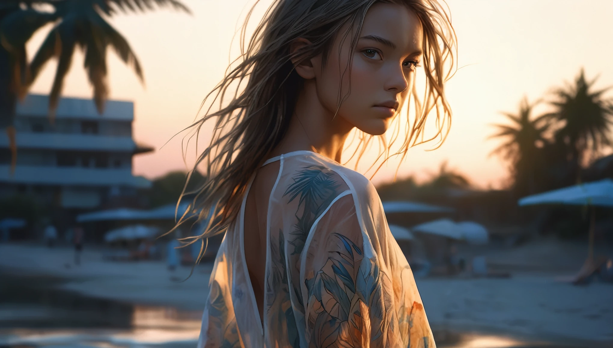 (best quality:1) , (masterpiece:1), (ultra detailed:1), photorealism, (cute sporty girl, young, barely legal, tanned skin), (((oversized loose very thin silky crop shirt and bikini, short, wide neckline, deep neckline, random colors))), ((cozy cabana, at the beach, outdoor, tropical ressort after a sunbath)), ((((medium perky breasts, small hips, detailed face, long random hair, some tattoos)))), moody atmosphere, random neon colors, intricate details, at night, backlit, full body shot
