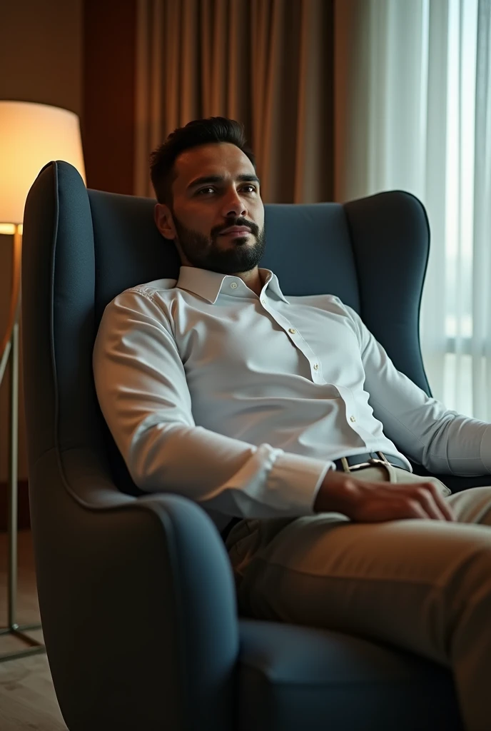 a a 35 yo man from United Arab Emirates in modern, lying in hotel chair,  (best quality,4k,8k,highres,masterpiece:1.2),ultra-detailed,(photo-realistic:1.),HDR,extremely detailed face and body, portrait,cinematic lighting,soft lighting, not professional photo