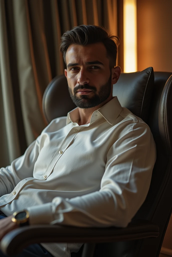 a a 35 yo man from United Arab Emirates in modern, lying in hotel chair, (best quality,4k,8k,highres,masterpiece:1.2),ultra-detailed,(photo-realistic:1.),HDR,extremely detailed face and body, portrait,cinematic lighting,soft lighting, not professional photo