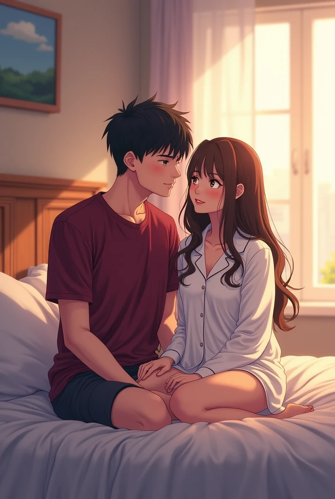 Anime college couple in the bedroom, the man in a maroon short-sleeved shirt, the woman in white pajamas, sitting on each other's laps in the bedroom.