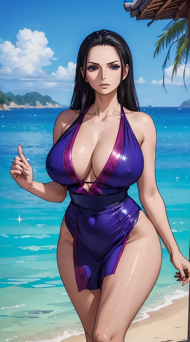 (top-quality, 8K, masterpiece:1.3)),Nico Robin ((one piece)), A MILF, Mature, huge stunning goddess shot, the extremely hot and sexy, powerful and huge, jaw dropping beauty, goddess of Japan, very Bigger breasts, Big ass, (thigh visible), Beautiful woman with perfect body shape:1.4, Slender Abs:1.1, Highly detailed facial and skin texture, A detailed eye, young woman in purple string bikini, sexy pose, navel, happy face, blush, eyewear on the head, (looking at from the front), Look at the camera, ((1girl in, perfectly proportions, Beautiful body, Detailed skin, Detailed eyes:1.5)), ((perfectly proportions, Beautiful body, showing your whole body:1.5)), ((Everything is sparkling、reflecting light:1.2)), (Best Ratio: 4 fingers, 1 thumb), (From knee to chest:1.5), , (portrait), outdoor, sea