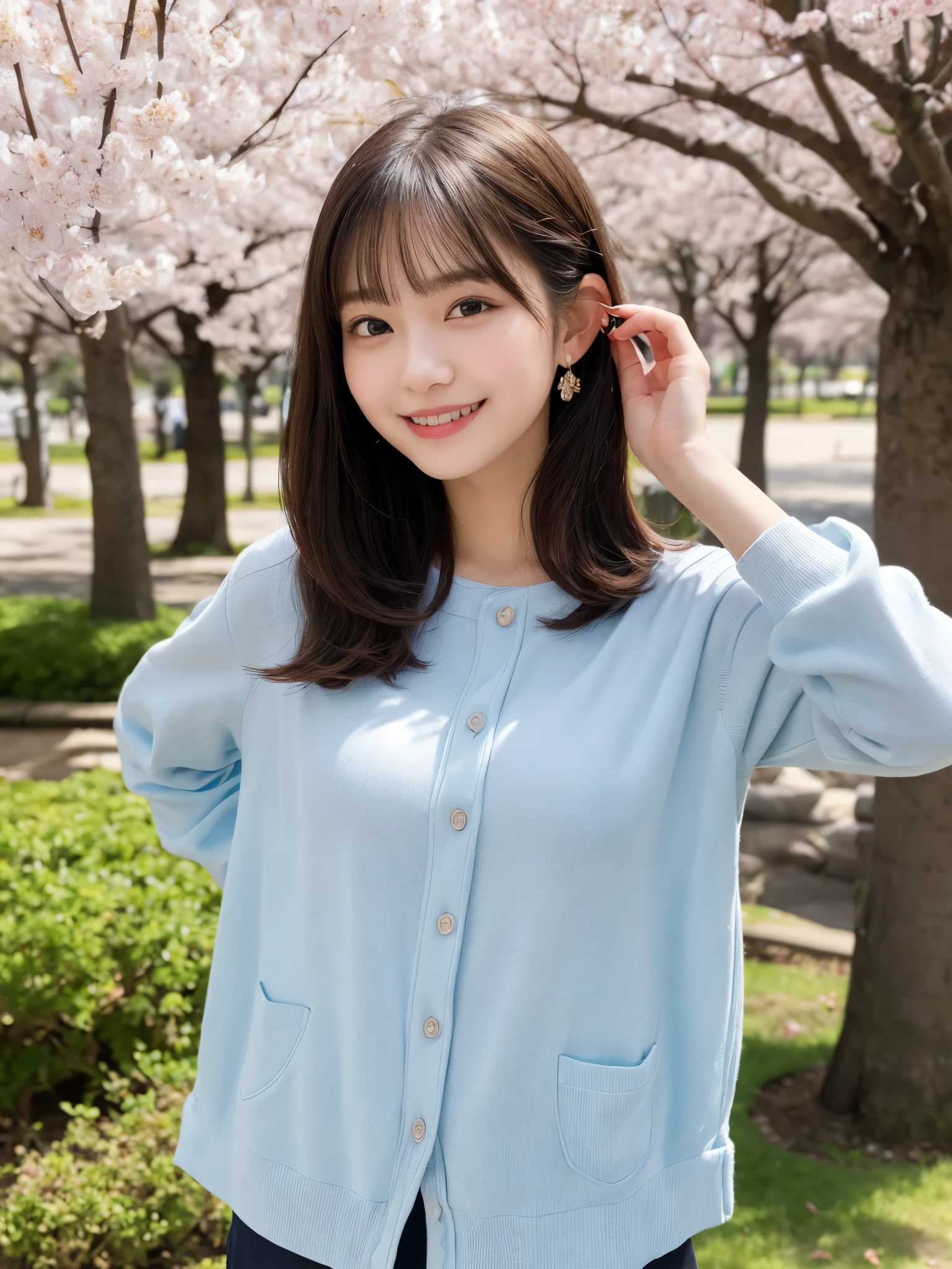 1girl, cute, beautiful, 18 years old, solo, highres, best_quality, masterpiece, detailed_background, intricate_details, beautiful, tokyo, ueno, ueno park, spring, cherry_blossoms, casual_clothes, smile, looking_at_viewer, dynamic_pose, natural_pose, candid, happy