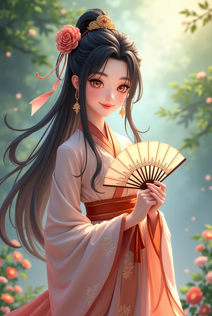 Genshin girl wearing hanfu standing with black and peach hair color and mistyrose eyes color holding fan with smile with natural make up and dating with xiao genshin male