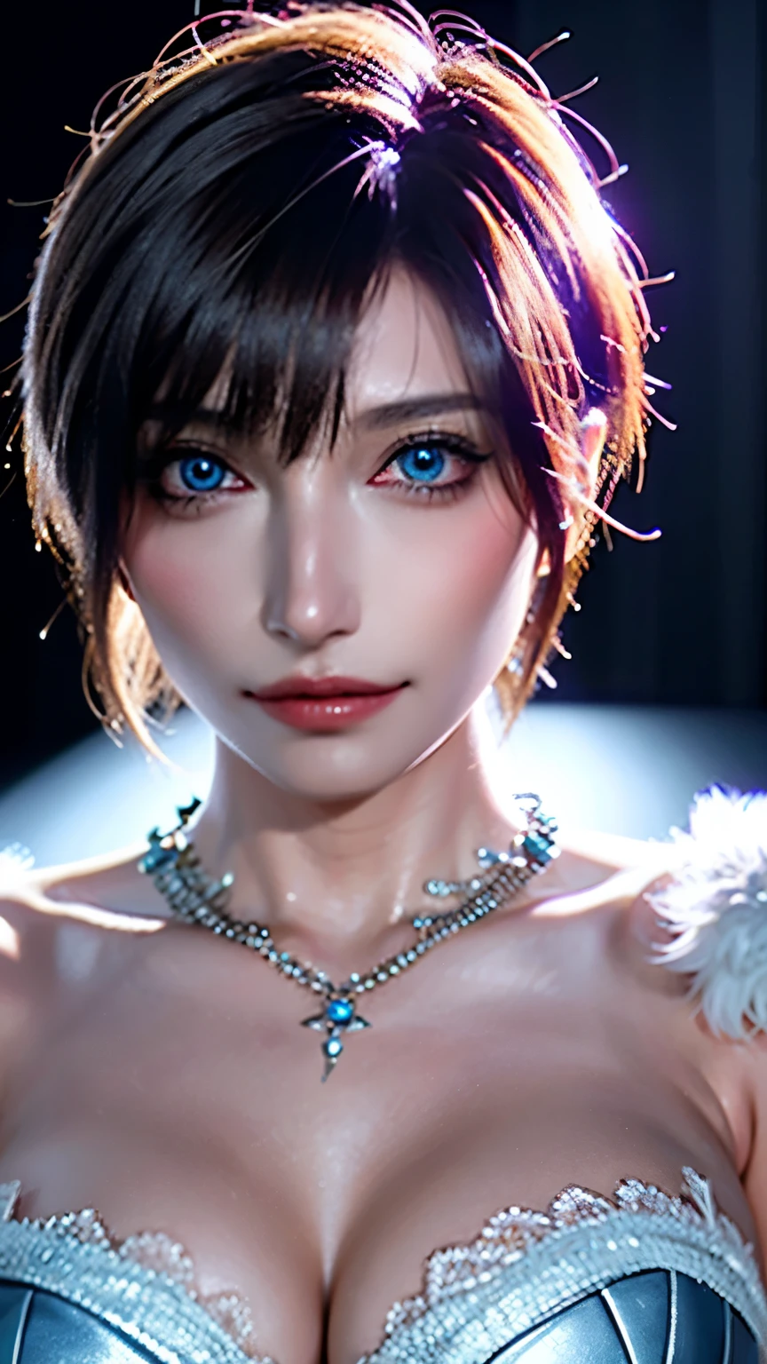 Game Art，Best image quality，Maximum resolution，8K，(A half-length photo)，(portrait)，(Head close-up)，(Rule of Thirds)，Unreal Engine 5 rendering works，20 year old girl，((Queen))，The eyes are very detailed，(Large Breasts)，Elegant and noble，Light，Light line tracing，Game CG，((3D Unreal Engine))，OC rendering reflection mode，4K，Ultra-clear，sensuous，Translucent lace，Fair and plump figure，Pretty Face，Light Gel Coat，The Queen in a luxurious dress，Crystal Gem Crown，Necklace jewelry，blue eyes，Black tattoo(whole body)，The tattoo is very three-dimensional，Gorgeous and intricate tattoo designs，Ultra-clear portrait，Sexy body，Templars，Diamond Clothes