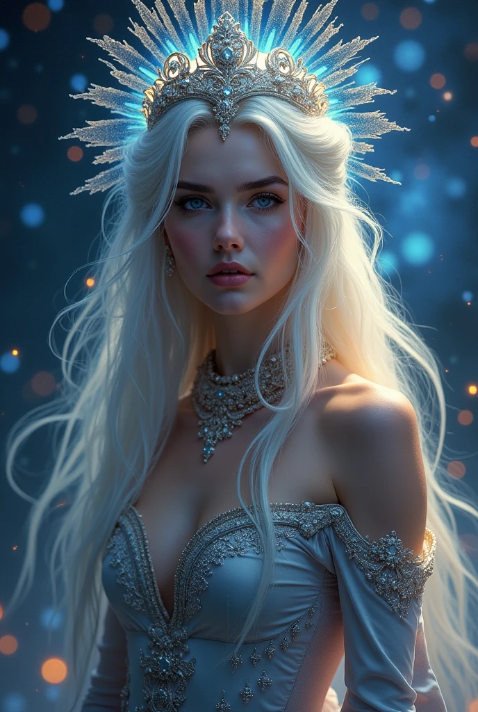 a cosmic queen,beautiful ornate crown,long flowing hair,ethereal goddess-like features,penetrating gaze,pale skin,intricate jewelry,flowing ornate gown,cosmic energy field,glowing stars and galaxies,dramatic lighting,digital art,highly detailed,photorealistic,8k,hyperrealistic,award winning digital painting,dramatic colors,cinematic composition