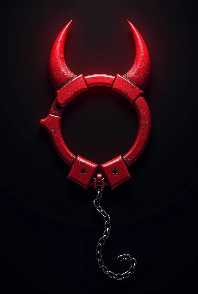 (logo design) evil logo, a striking red handcuff, adorned with sharp, menacing demon horns, and a sinuous chain tail extending from the base, dynamic and bold, emphasizing a dark theme, glossy finish, high-resolution, creating an impression of malevolence and power.