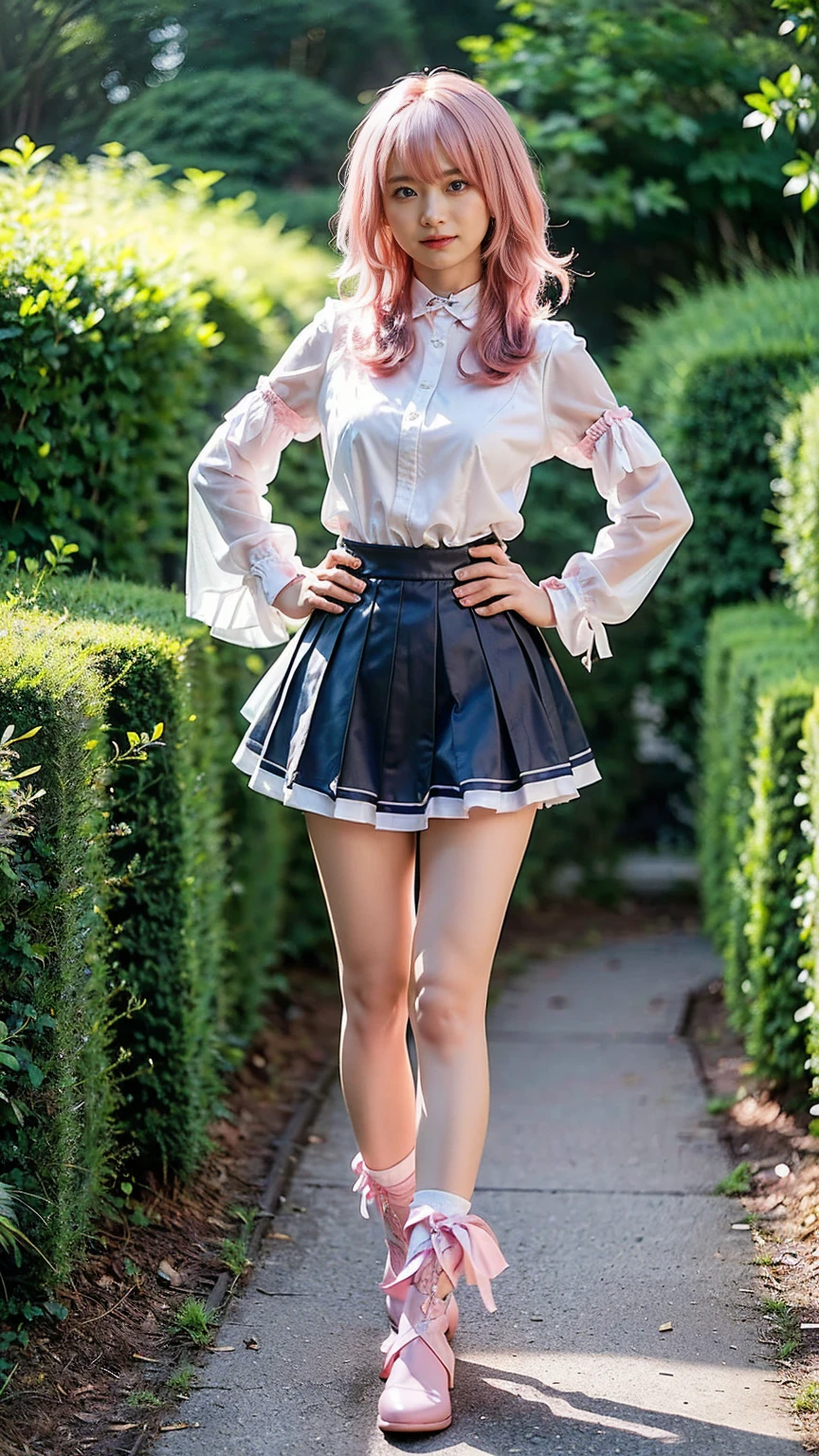 (8k、RAW Photos、Highest quality、masterpiece:1.2)、(Realistic、Realistic)、1 girl、((mini skirt、Pink Hair、Breast enlargement、boots、ribbon、Thin legs、whole body、View from the front、Looking into the camera、ribbon、garden、See-through、Stand with hands on hips))、cute