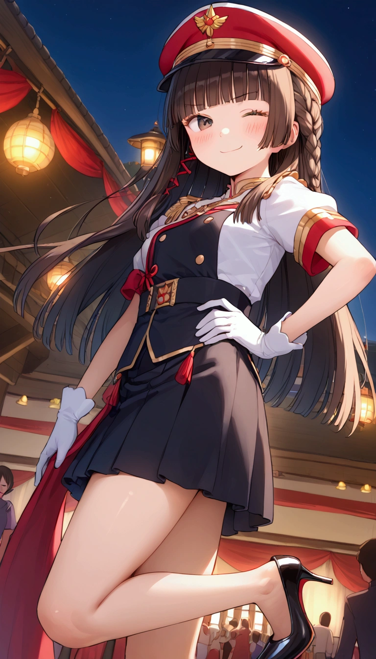 {Highest quality}, {Super beautiful},{Ultra fine},{Best illustration},Brown Hair,Hime cut,long hair,Braid,One woman,Standing Woman,Strike a pose,smile,smug face,Wink,Uniform cap,White Shirt,Short sleeve,long black skirt,White gloves,Summer Festival at Night,Blushing,Slender,Black stiletto heels,barefoot,From an angle,From below,Put one hand on your hip