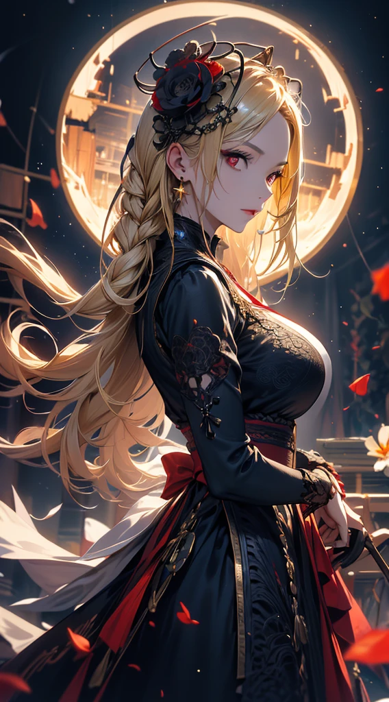 masterpiece, high quality, 4K, Beautiful design, silhouette，blonde， 非常に詳細な夜のStarry Sky,Flower Field， wonderful, Finer details,  Very knowledgeable woman, Highly detailed solo, 1 female,Red eyes，Big Breasts，Gothic Lolita Fashion，Night view，Starry Sky，full moon，