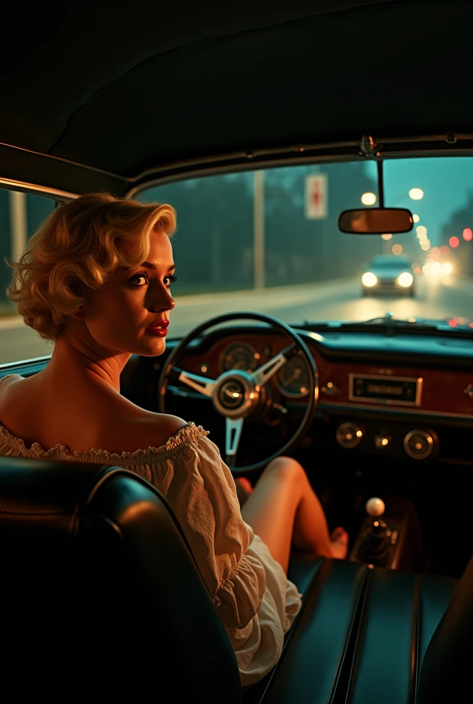 Marilyn Monroe driving barefoot an old Aston Martin with a view from the back seat to car pedals. cinematographic night lighting.
