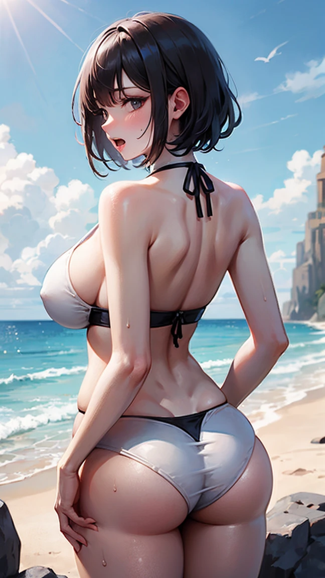 40 year old mature woman。The body is curvaceous、have huge breasts、Staring with surprised eyes and an open mouth。The skin is glowing、Sweat is dripping。She has short black hair and bright black eyes.、Wearing a white bikini。It depicts a person walking on the beach.、There is a shadow of a rock behind。(from back:1.6)