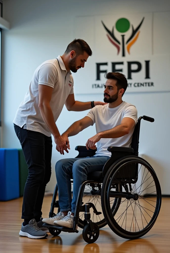 Have a weight training coach do a physical assessment on a wheelchair user. Make it with the FEPI- Itajubá University Center logo in the background.