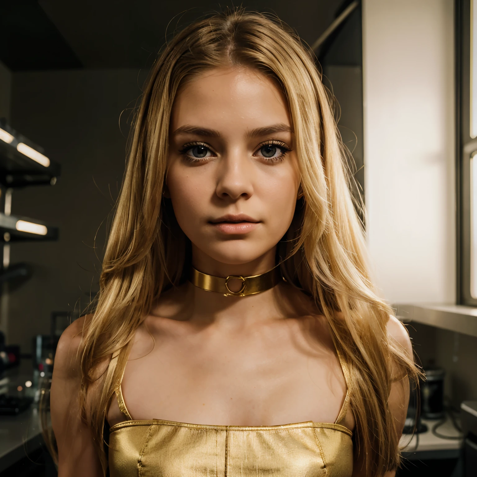 A young girl with a feminine face, super long light gold blonde hair and gold eyes that shine with long lashes and a slim body. She was a muzzle around her mouth and she is handcuffed because she was really powerful supernatural powers and she is considered dangerous. The handcuffs are supposed to cancel her powers. She is in the lab, she is actually an experiment made in the lab that's how she has supernatural powers. She is wearing lab clothes which is just a long white garment. She looks like she's uncomfortable since she's handcuffed and has a muzzle on her and she has been experimented on.