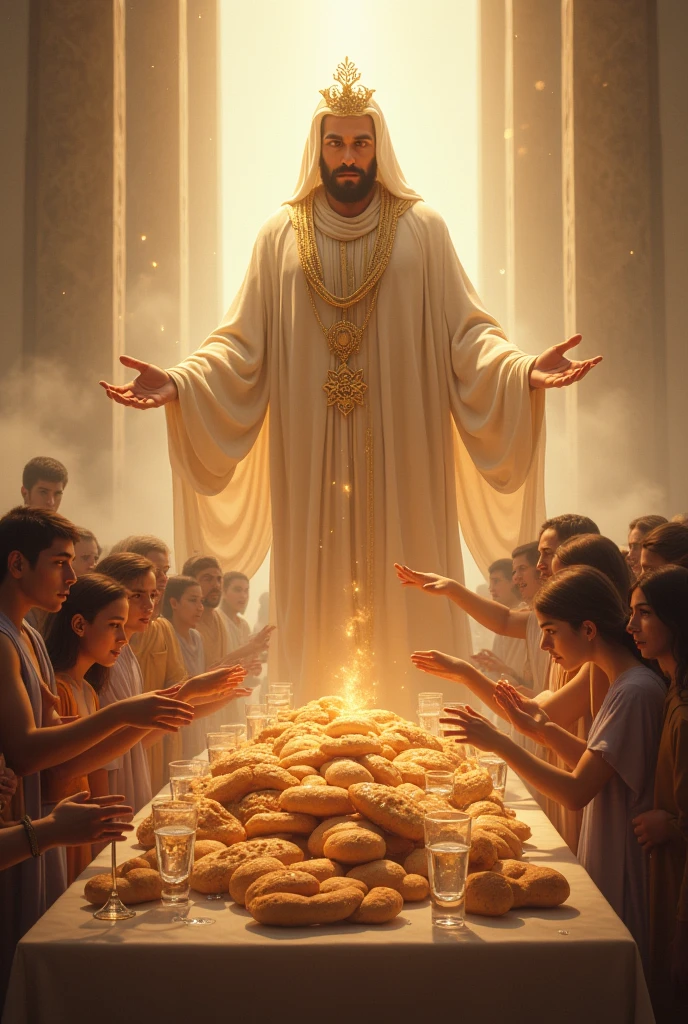 Create an image of God being at the buffet of bread and water for young people and many people 