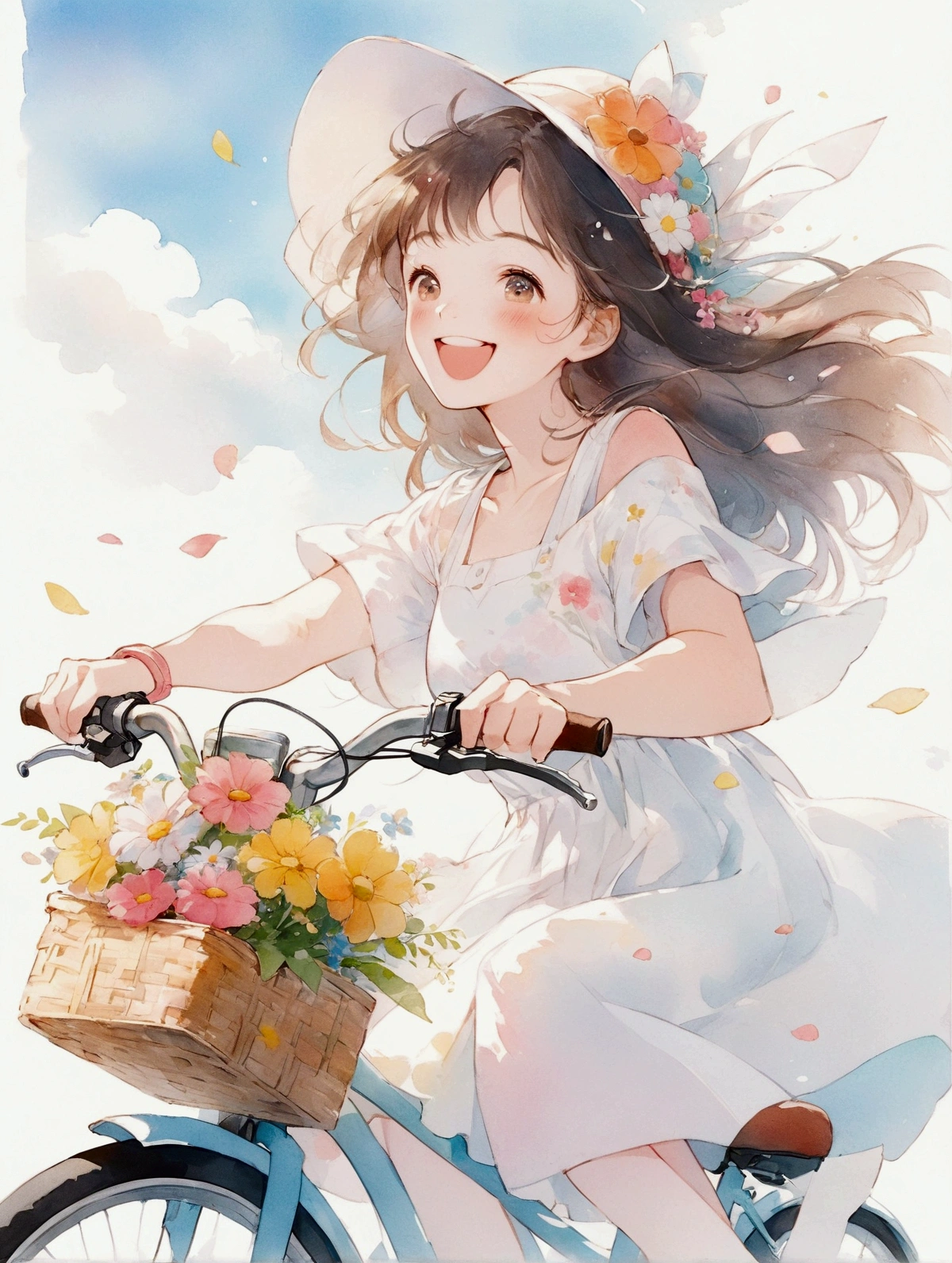 Anime girl riding a bicycle with flowers in the basket, Gwaiz, Happy girl, She expressed her joy, Happy and cheerful expression, Exciting Illustrations, Cute girl anime visuals, On a sunny day, Jan J, cycling!!, by Shimo, She is smiling and happy, LOFI Girl, Beautiful Anime
