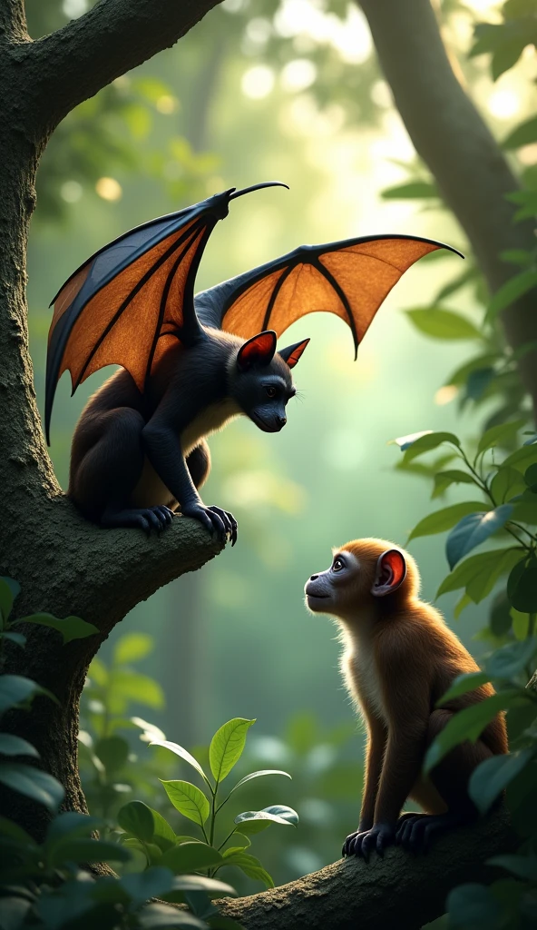 Bat and monkey in one frame,background jungle