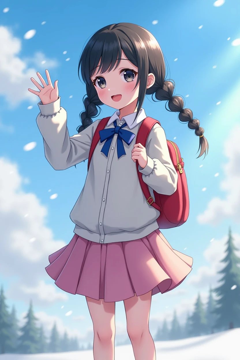 (alone:1.5),1 girl\(very cute,Soft Skin,(Girl:2.0),Child body type,Dark Eyes,(),Black Hair,Shiny Hair,Braided twin tails,Pink Skirt,White jacket(Blue ribbon\),Red School Bag\(be burdened with\) , Face the camera,Cute Smile,Wave your right hand,White Breath,rural area,shining white snow,blue sky,Beautiful Clouds,quality\(8k,Highly detailed CG unit wallpaper, masterpiece,High resolution,top-quality,top-quality real texture skin,surreal,Increase the resolution,RAW Photos,highest quality,Very detailed,Cinema Lighting,Ray Tracing,)