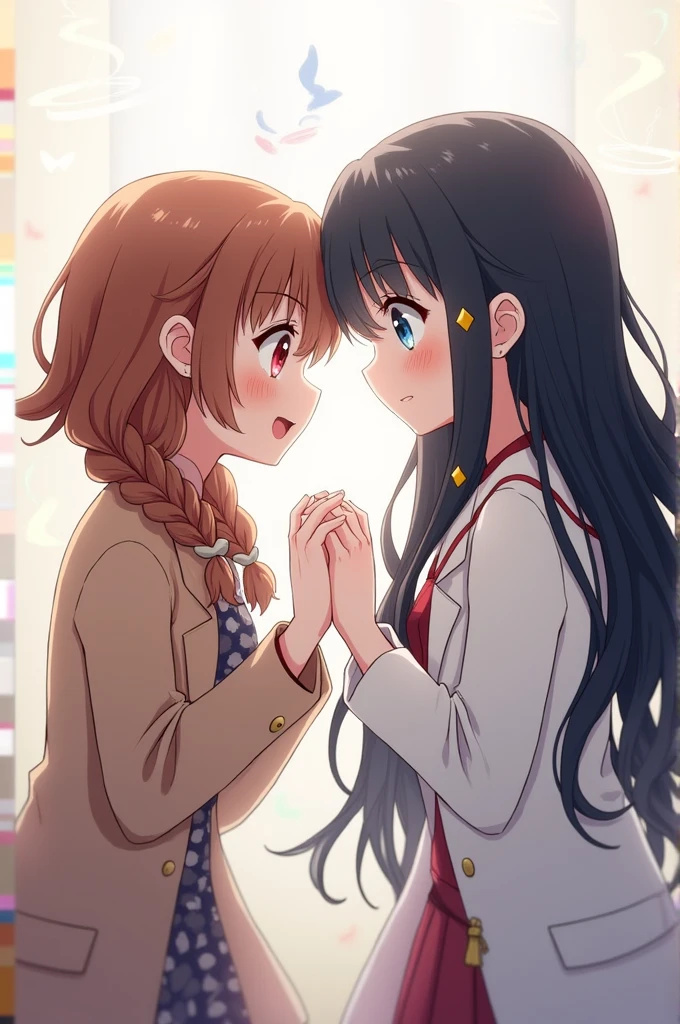 They are both anime characters。Two Girls、One is a bright girl with brown hair and red eyes.、The hairstyle is braided。The other has long, dark, wavy hair and blue eyes.。She has yellow diamonds in her hair、I&#39;m tall。The two of them get along very well.。