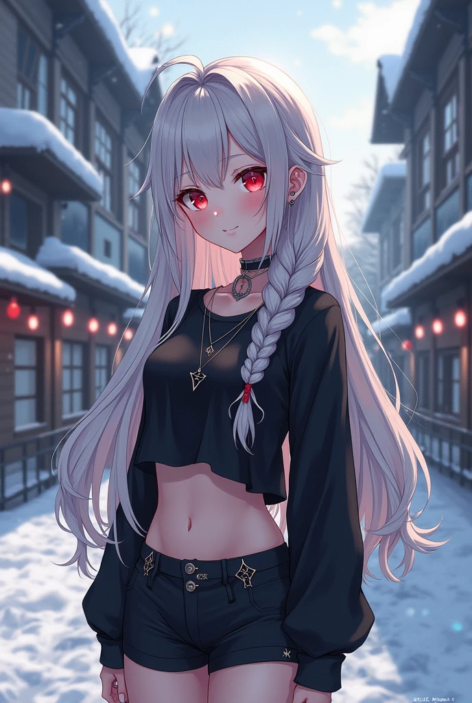 a beautiful anime girl is standing in front of snowy building, in the style of dark silver and light red, hyper-detailed portraits, 8k uhd, shorts, black shorts, red eyes, long hair, long sleeves, jewelry, smile, earrings, ahoge, braid, shirt, stomach
