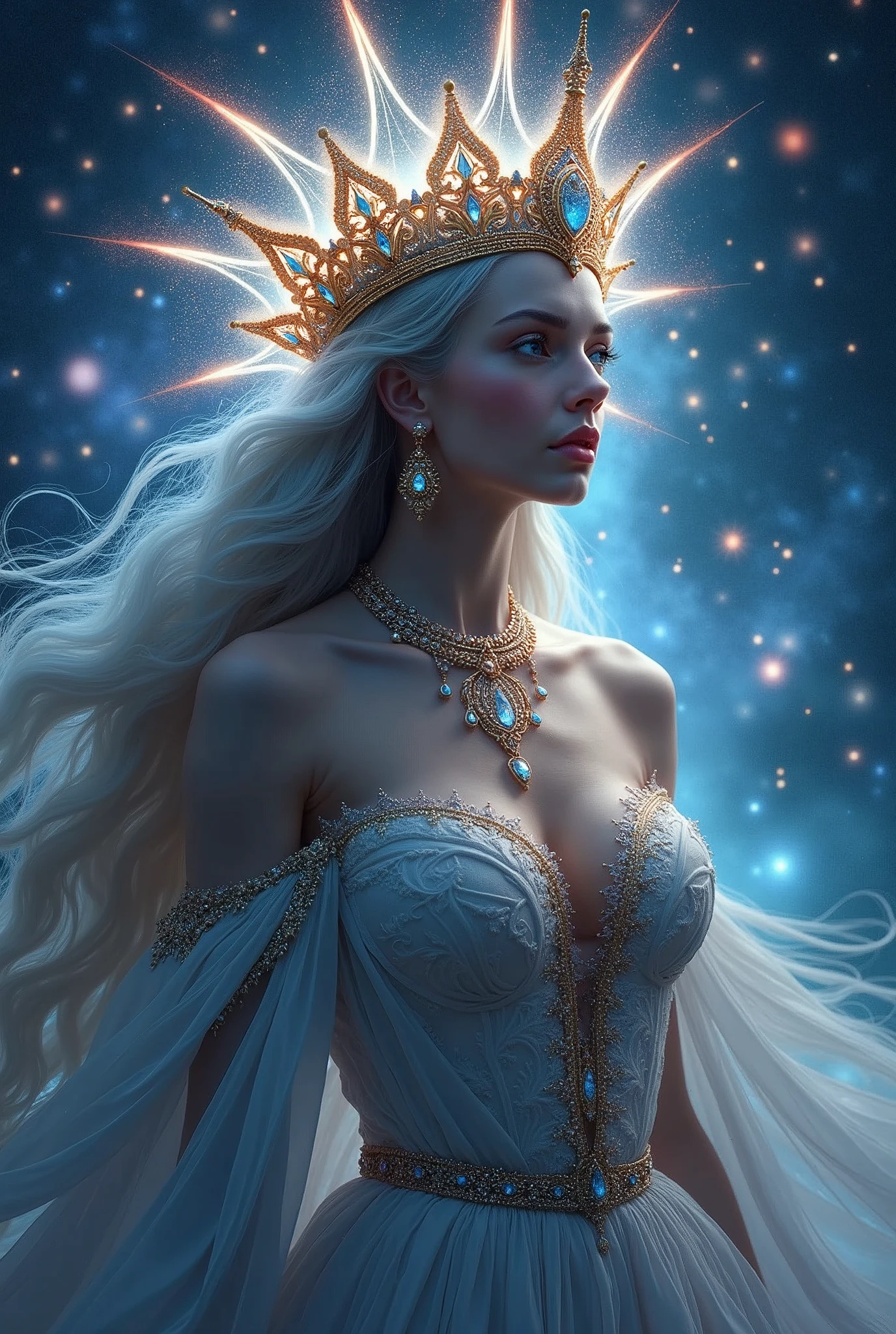 a cosmic queen,beautiful ornate crown,long flowing hair,ethereal goddess-like features,penetrating gaze,pale skin,intricate jewelry,flowing ornate gown,cosmic energy field,glowing stars and galaxies,dramatic lighting,digital art,highly detailed,photorealistic,8k,hyperrealistic,award winning digital painting,dramatic colors,cinematic composition