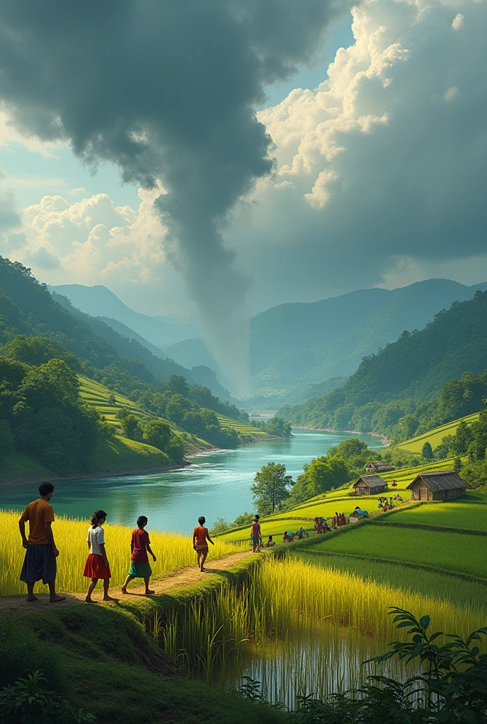 A Assamese village, celebrating bihu, river on edge,hills people are working on rice field,raining, thunderstorm