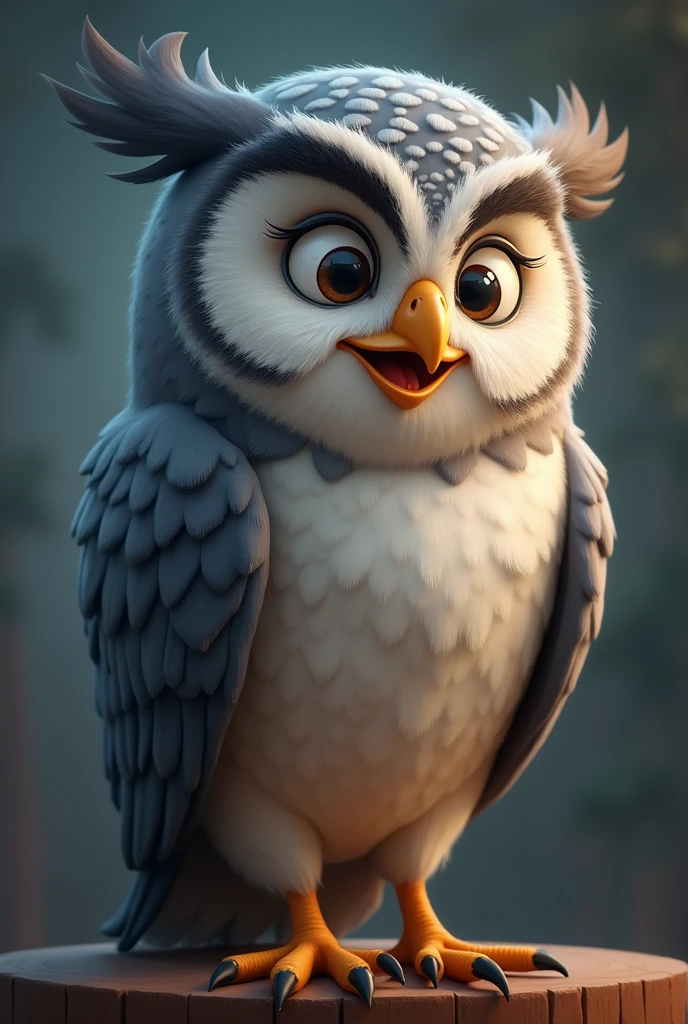 Create a cartoon picture of a gray-haired owl professor smiling