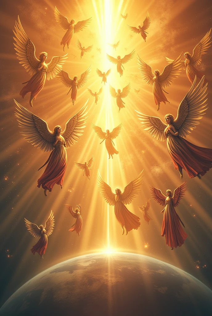 Comic book cover with many angels flying from heaven towards Earth 