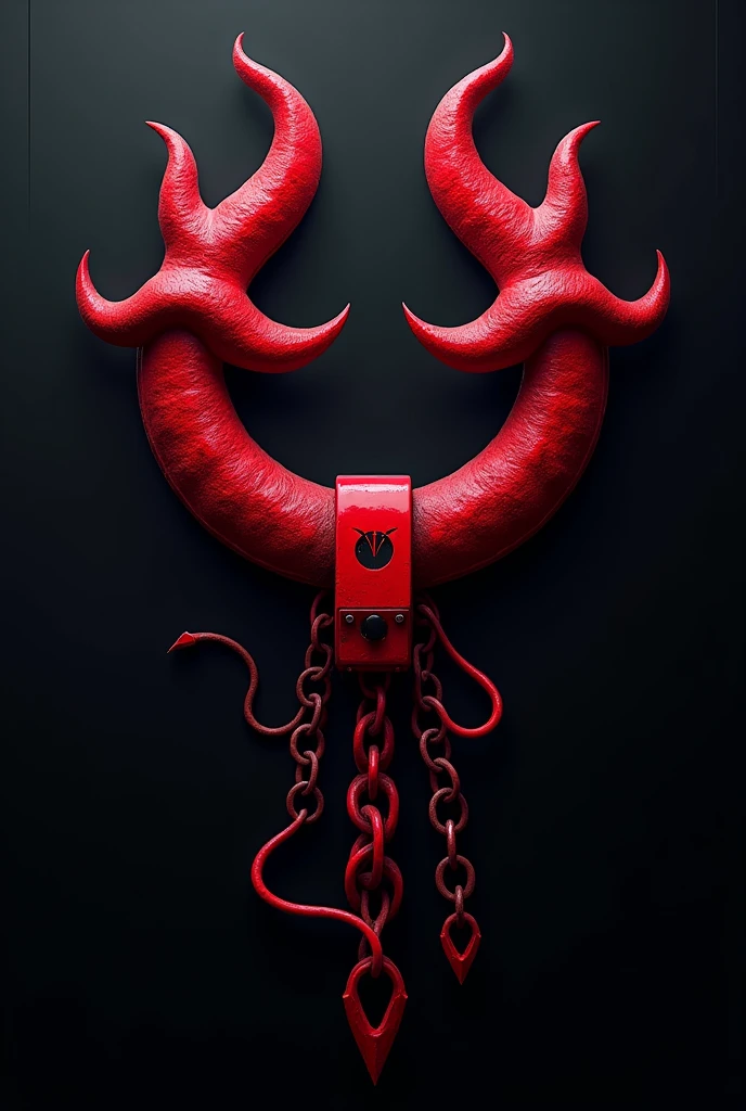 (logo design) evil logo, a striking red handcuff, adorned with sharp, menacing demon horns, and a sinuous chain tail extending from the base, dynamic and bold, emphasizing a dark theme, glossy finish, high-resolution, creating an impression of malevolence and power.