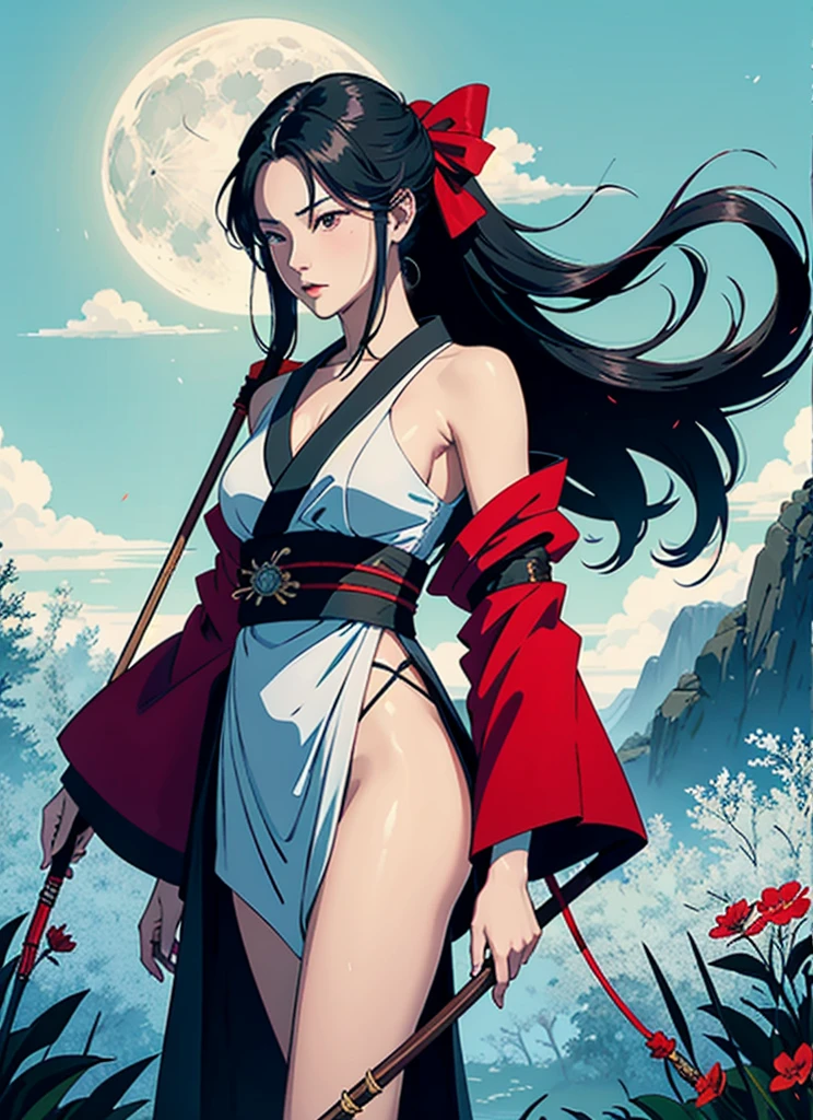 Kikyo, the Sacred Archer is a legendary warrior and the founder of the Ashina Clan. She is a beautiful woman with long, beautiful hair tied in a ponytail and wearing a red kimono with black flowers and a white robe. She carries a bow and arrows. She also has a sacred orb hidden in her sleeve.

She waits for Naraku in the vast grassland where he first fought the half-human. The grassland is littered with blood and corpses of the half-humans who died in battle. The sky is dark and stormy, and lightning flashes every now and then. Kikyo emerges from the sacred orb after she sacrifices herself to revive him using a white sacred arrow. She respects Naraku as a worthy opponent and challenges him to a final duel to purify the sacred orb.
moon, dark theme, light, fantasy, colorful light