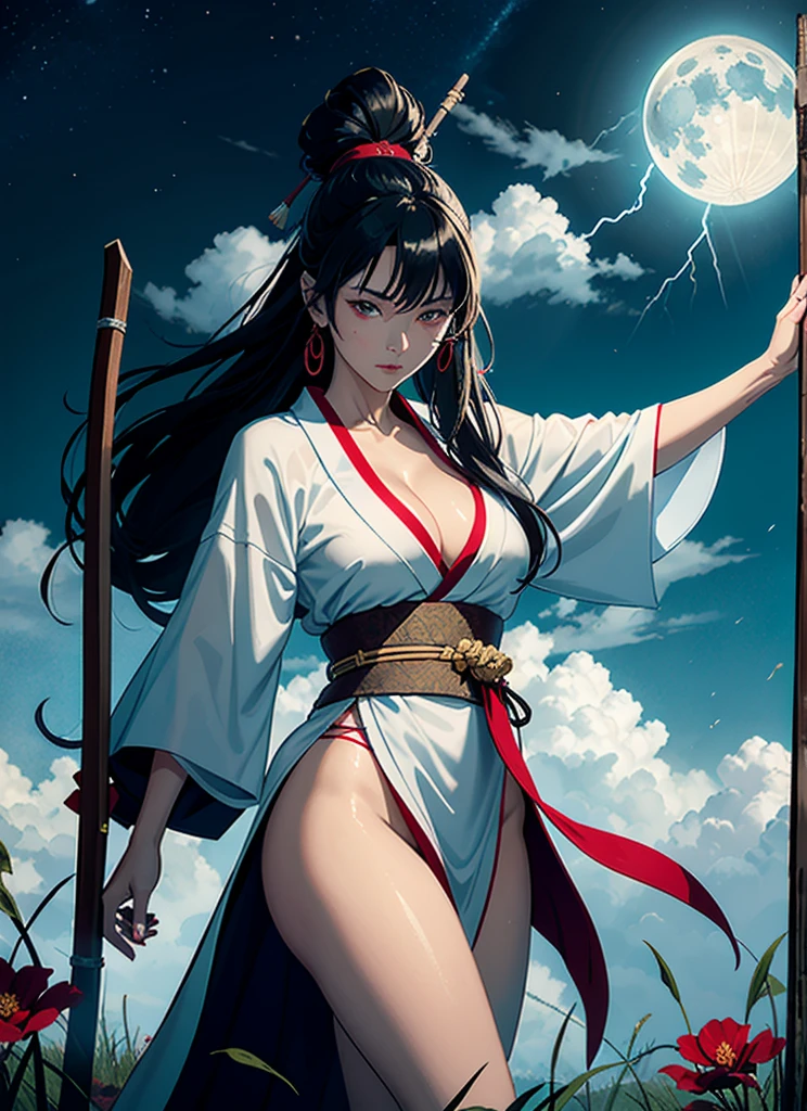Kikyo, the Sacred Archer is a legendary warrior and the founder of the Ashina Clan. She is a beautiful woman with long, beautiful hair tied in a ponytail and wearing a red kimono with black flowers and a white robe. She carries a bow and arrows. She also has a sacred orb hidden in her sleeve.
She waits for Naraku in the vast grassland where he first fought the half-human. The grassland is littered with blood and corpses of the half-humans who died in battle. The sky is dark and stormy, and lightning flashes every now and then. Kikyo emerges from the sacred orb after she sacrifices herself to revive him using a white sacred arrow. She respects Naraku as a worthy opponent and challenges him to a final duel to purify the sacred orb.
moon, dark theme, light, fantasy, colorful light
