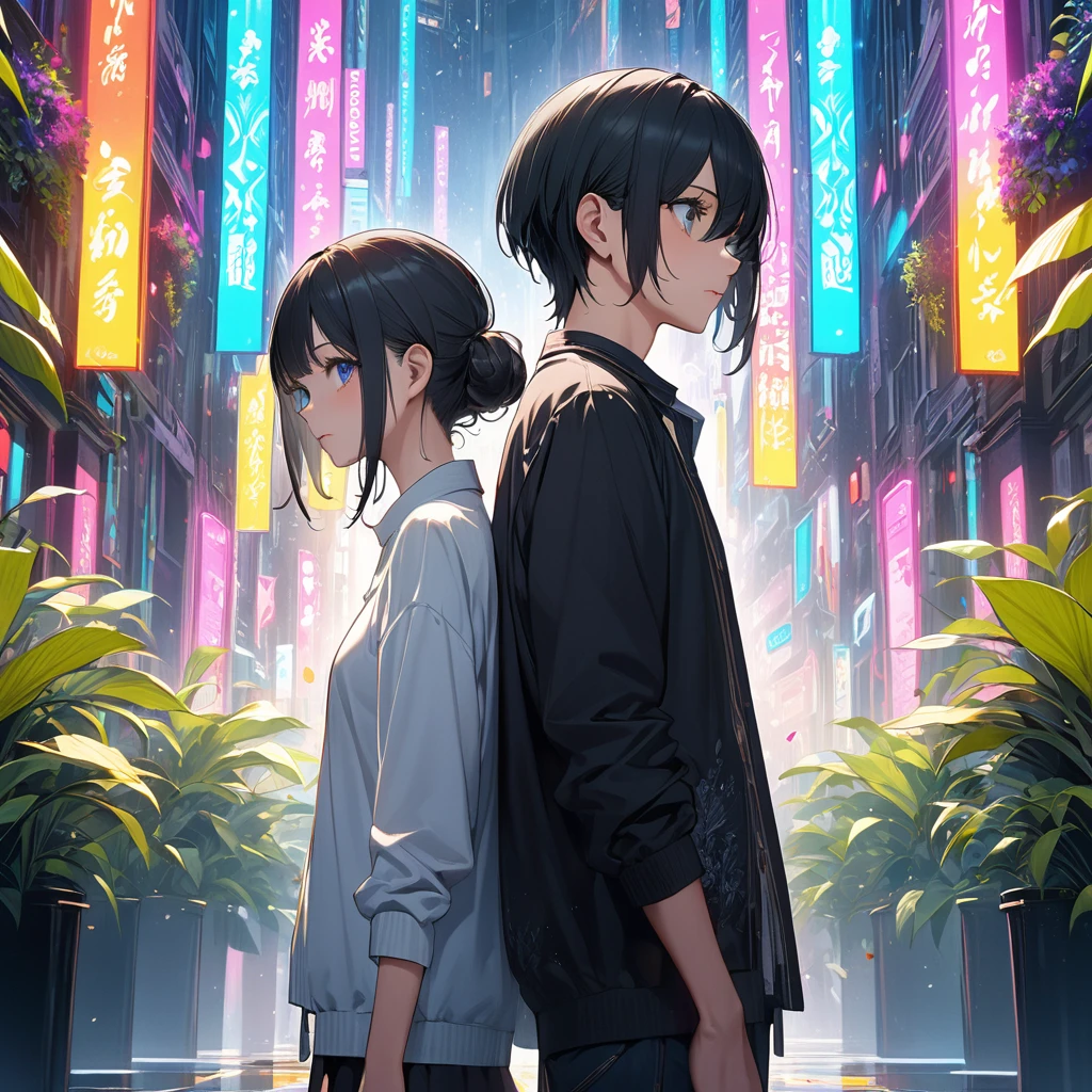 Highest quality, 4k wallpaper, 8k, ultra-high resolution, masterpiece, highly detailed CG, highly detailed eyes, ultra-detailed, complex details, public, 1:1, one 19-20 year old woman (long black hair, slim) and one 19-20 year old man, a lonely woman and man standing back to back in the center, a shy and lonely woman looking up as they stand back to back, neon pop abstract art style, abstract plant art, public, highly detailed flow of bubbles, dynamic art, cinematic lighting