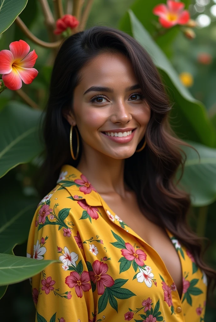 A Brazilian woman in a lush tropical garden, wearing an open shirt with a floral print, with a close-up capturing the harmonious beauty between her breasts and the natural flowers, showing off your natural charm and outgoing personality.