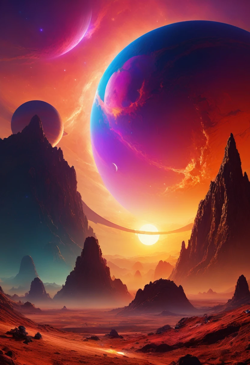Spectacular sunset on a strange and mysterious alien dream planet. Very high quality、A lot of colorful whirlwinds and dusty dust are dreamily painted。