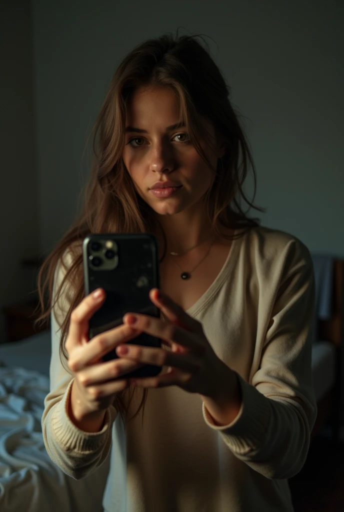 Photo du téléphone: Une femme se tient devant un miroir, Capturer un selfie. La qualité de l&#39;image est granuleuse, avec un léger flou adoucissant les détails. L&#39;éclairage est faible, projeter des ombres qui obscurcissent ses traits. La pièce est encombrée, avec des vêtements éparpillés sur le lit et une couverture défaite. Son expression est décontractée, Plein de concentration, tandis que le vieil iPhone a du mal à se concentrer, donner à la photo un aspect authentique, sensation non polie. Le miroir montre des taches et des empreintes digitales, ajouter au brut, ambiance quotidienne de la scène. assez jeune 18 ans maximum 