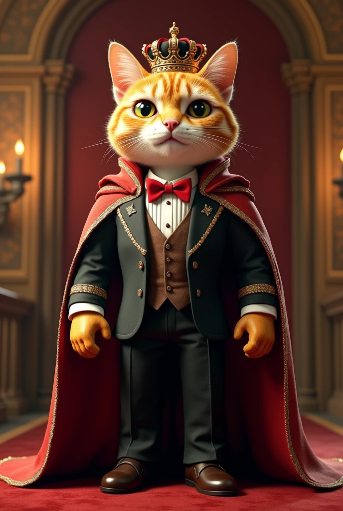 Create a Roblox character image with a cat controlling a human body through its head, dress with suit, a crown and a royal cape.